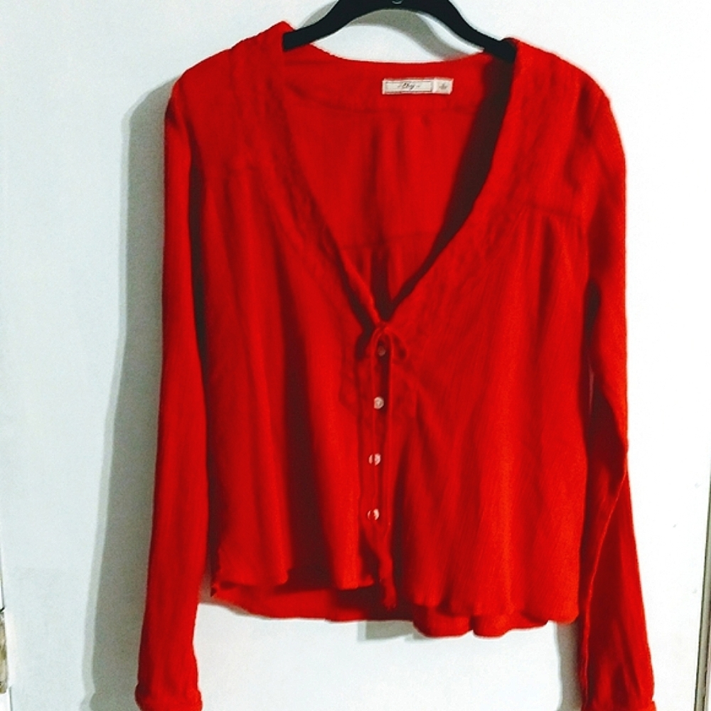 Obey Red Embroidered Flowy Boho Lightweight Vneck Long Sleeve Top